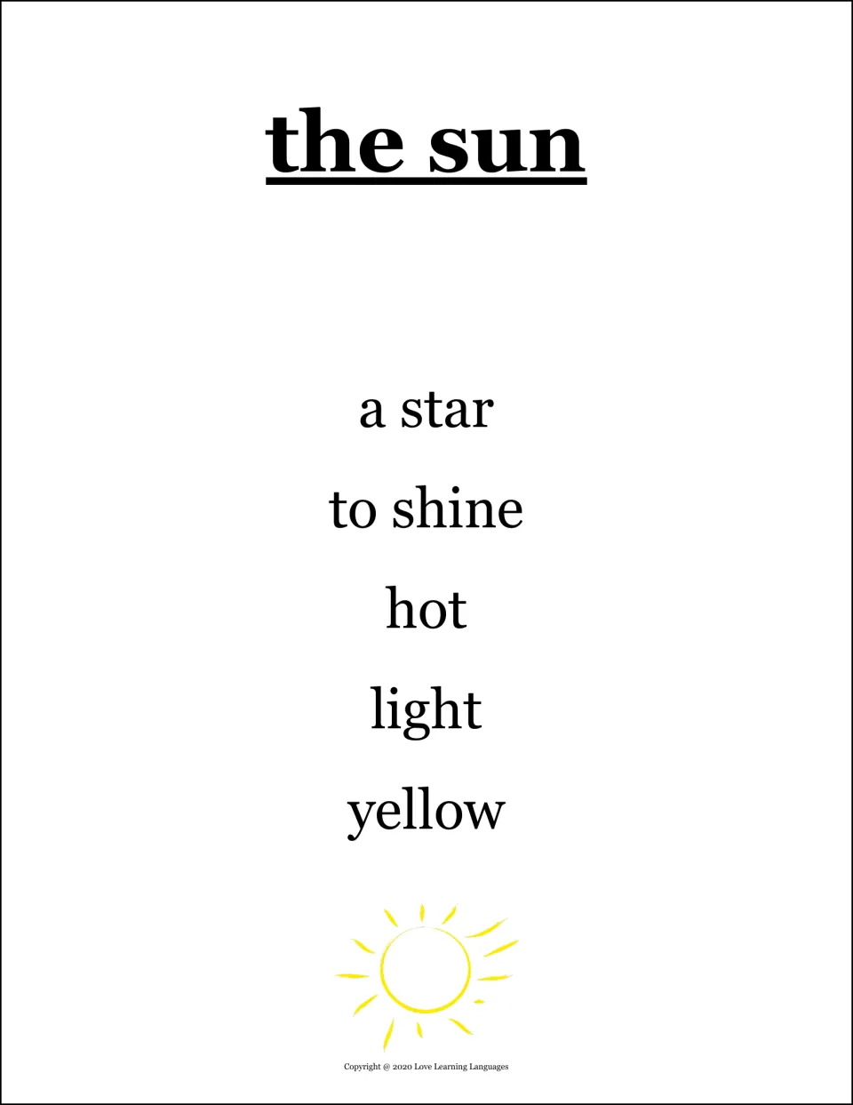 Taboo card for the sun: students describe the word without saying a star, to shine, hot, light or yellow