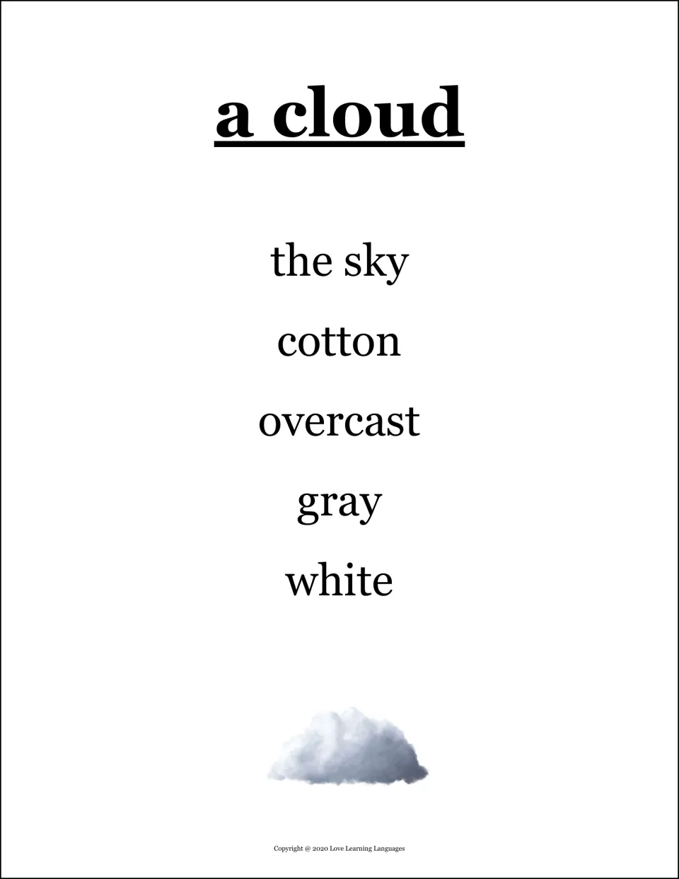 Taboo card for a cloud: students describe it without saying the sky, cotton, overcast, gray or white