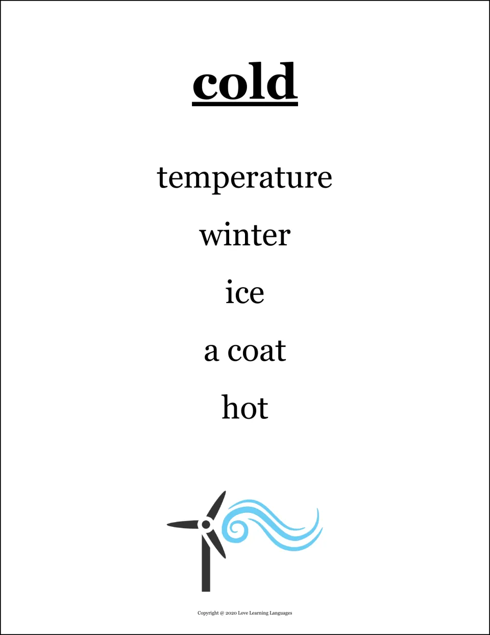 Taboo card for cold: students describe the word while avoiding temperature, winter, ice, a coat and hot