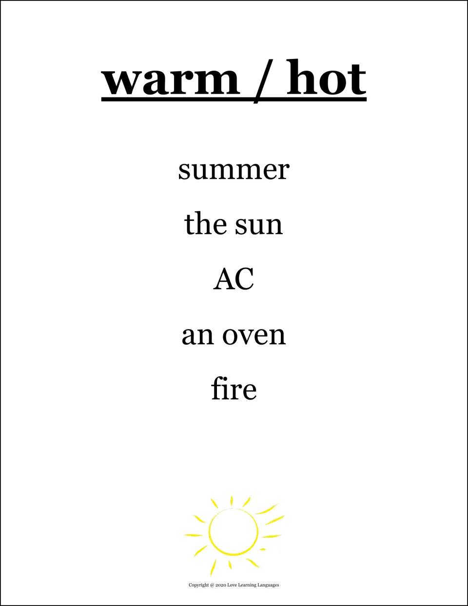 Taboo card for warm / hot: clue-givers must avoid the words summer, the sun, AC, an oven and fire