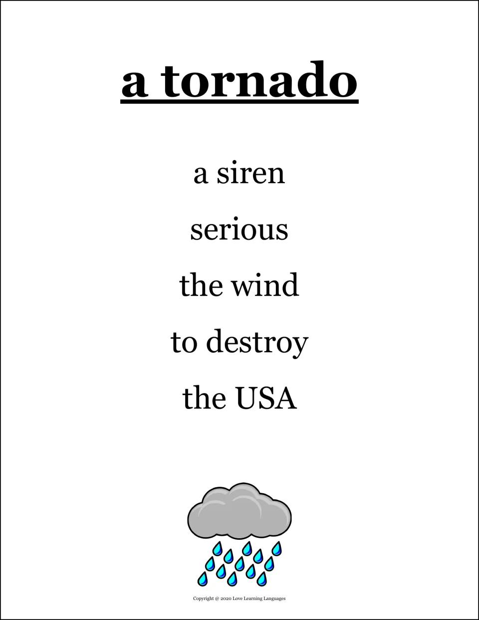 Taboo card for a tornado: describe it without saying a siren, serious, the wind, to destroy or the USA