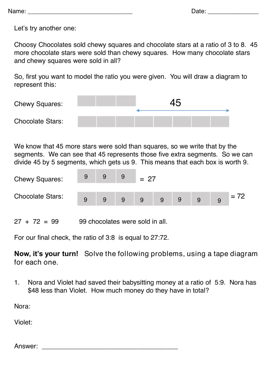 Tape diagram ratios: a 3:8 chocolate sales example finds 99 sold, then students solve a 5:9 savings problem