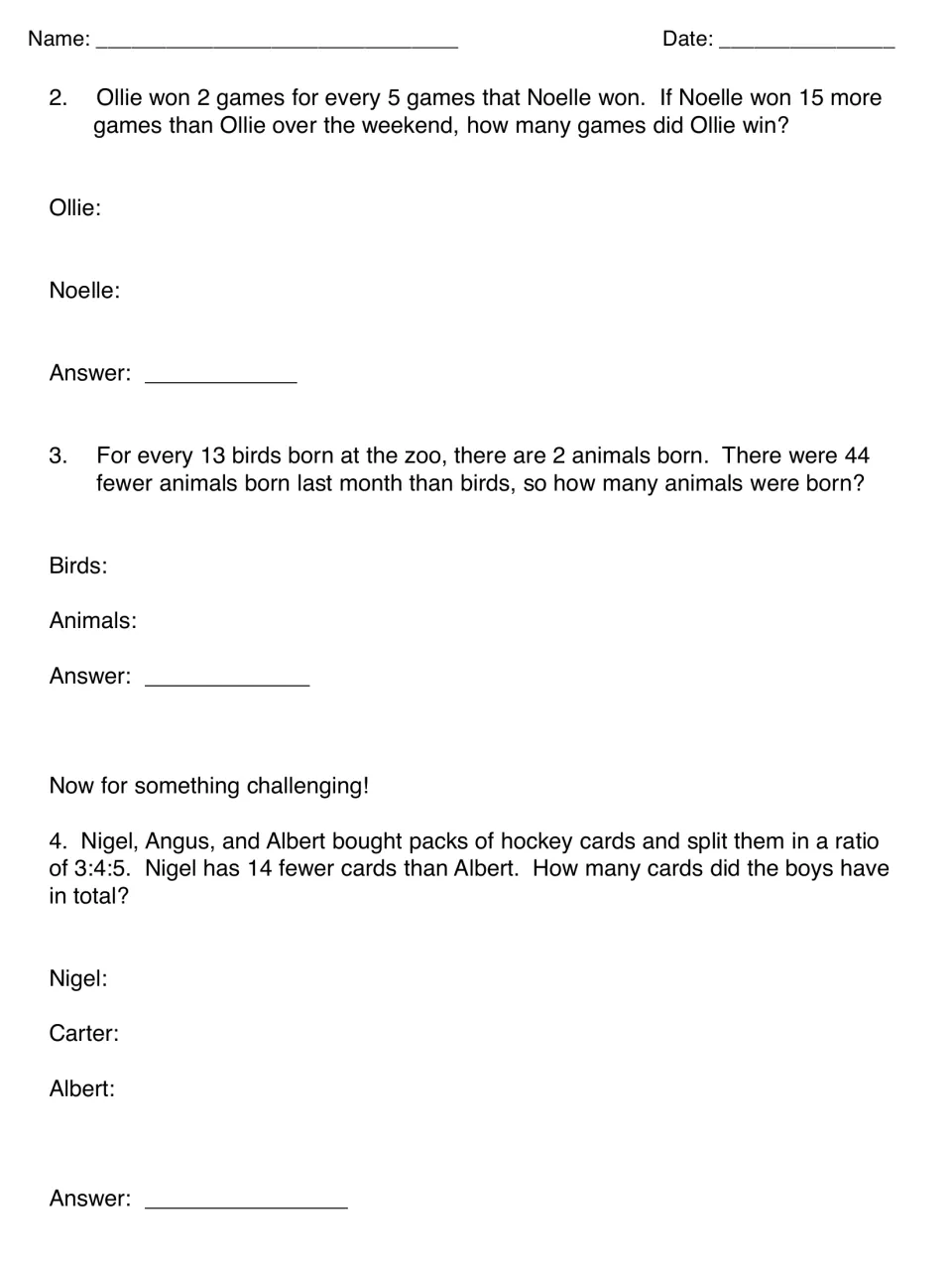 Tape diagram practice: students model a 2:5 games ratio, a 13:2 zoo births ratio and a challenge 3:4:5 hockey card split