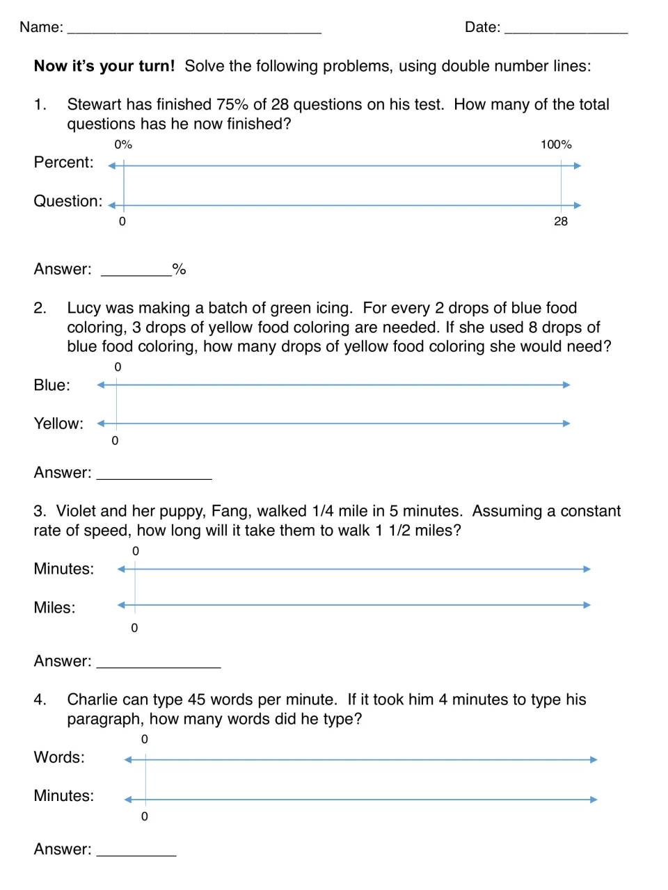Double number line practice: students solve problems on 75% of 28 questions, icing drops, walking time and typing speed