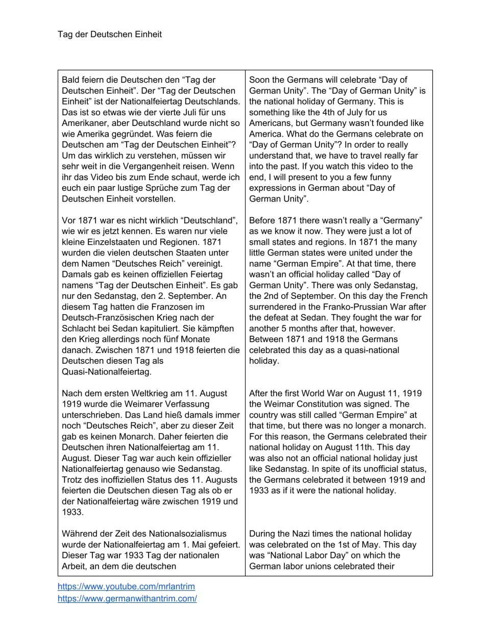 Bilingual script, part 1: German national holidays from the German Empire through the Weimar and Nazi eras.