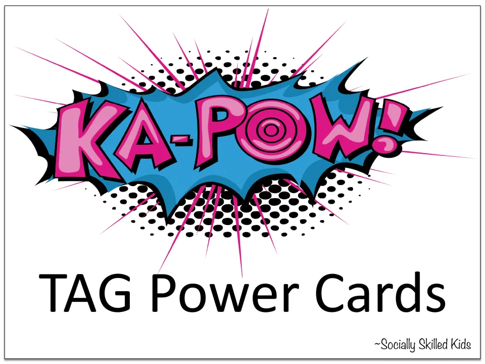 Cover for TAG Power Cards by Socially Skilled Kids, showing a pink and blue KA-POW! comic burst above the title