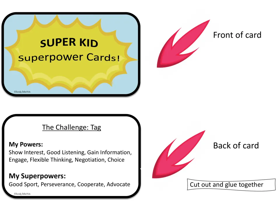 Super Kid Superpower title card with The Challenge: Tag back listing My Powers and My Superpowers, to cut and glue