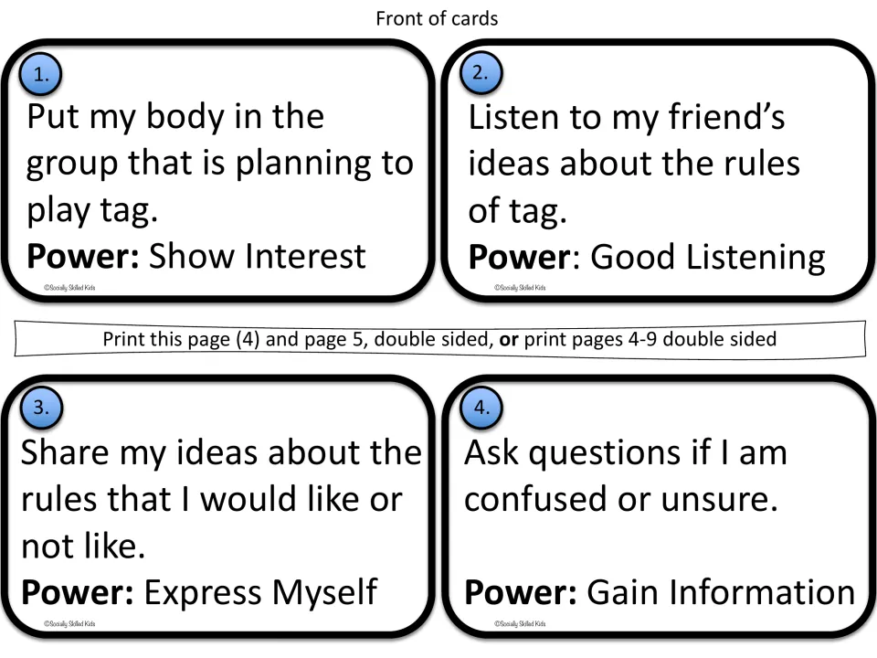 Tag step cards 1-4: join the group, hear friends' rule ideas, share my ideas, ask questions; powers like Show Interest