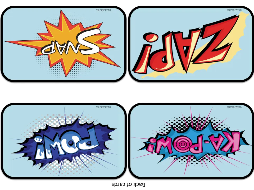 Back of cards 1-4: comic bursts reading SNAP!, ZAP!, POW! and KA-POW!, printed upside down for double-sided use