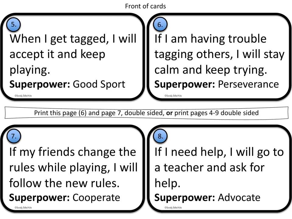 Second copy of the superpower cards 5-8: Good Sport, Perseverance, Cooperate and Advocate scripts for tag setbacks