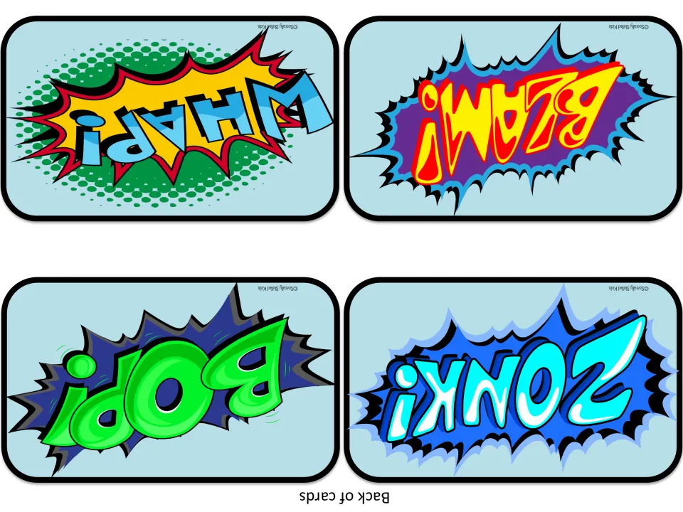 Back of cards 5-8: comic bursts reading WHAP!, BLAM!, BOP! and ZONK!, printed upside down to match the superpower cards