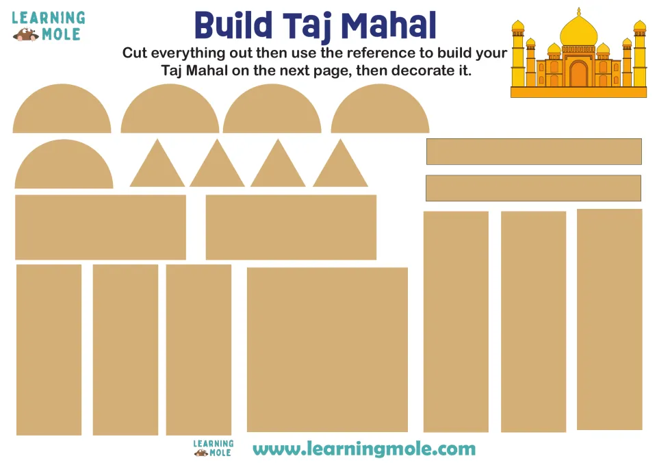 Build Taj Mahal: students cut out 5 domes, 4 triangles and tan rectangles, then follow the color reference picture