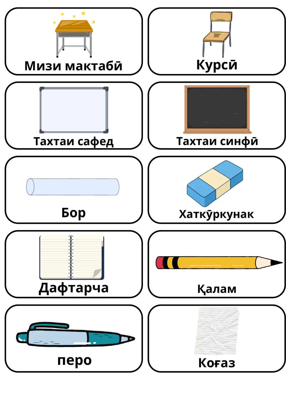 Tajik school flashcards 1–10: Мизи мактабӣ (school desk), chair, whiteboard, chalkboard and six more.