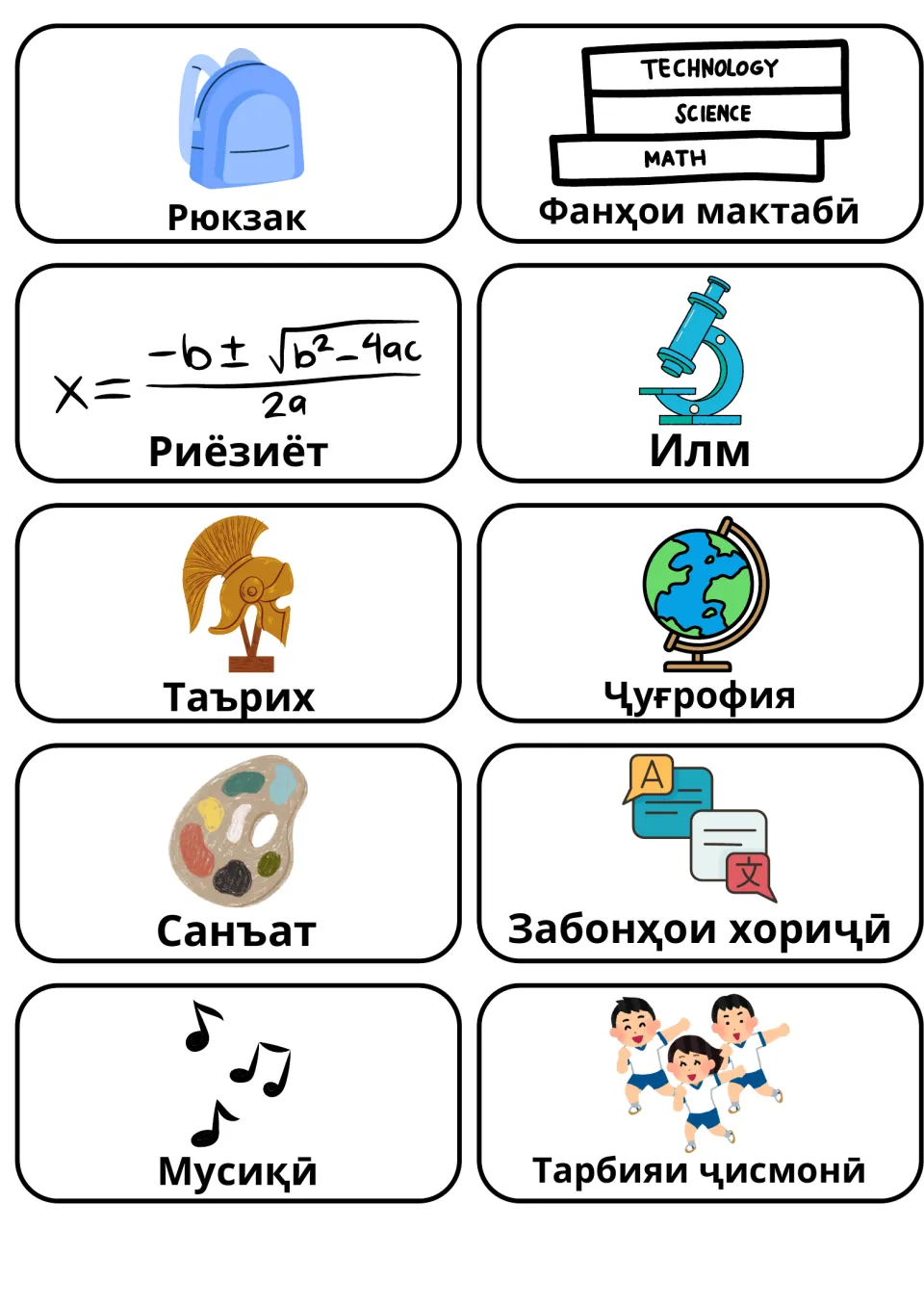 Tajik school flashcards 11–20: Рюкзак (backpack), school subjects, math, science, history and five more.