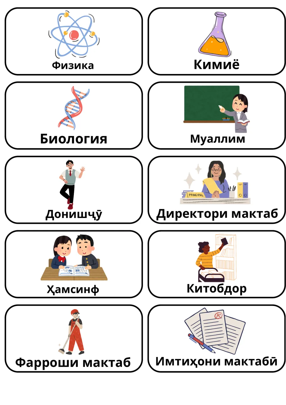 Tajik school flashcards 21–30: Физика (physics), chemistry, biology, teacher, student and five more.