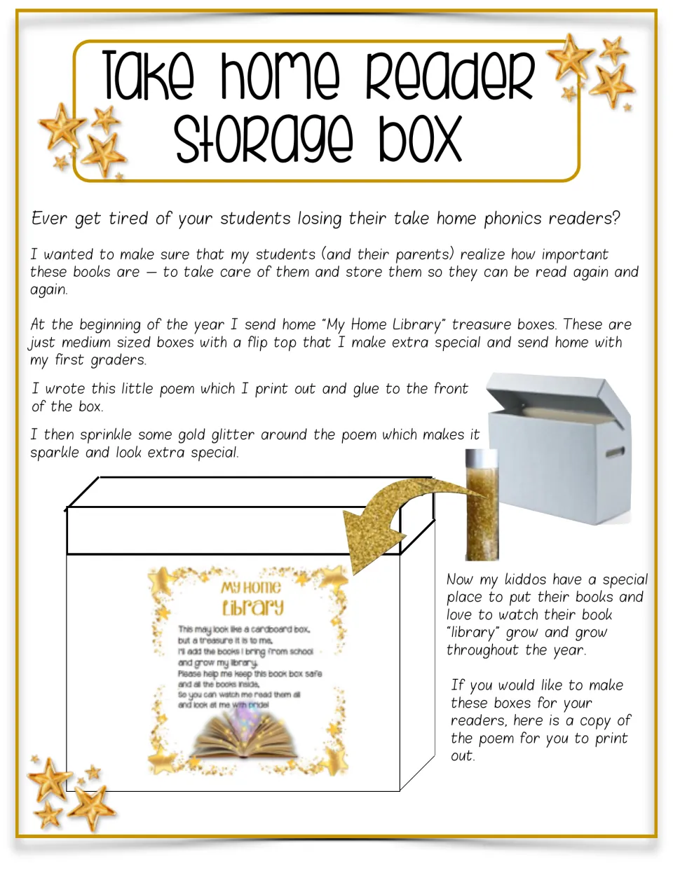 Teacher how-to for a My Home Library box: glue the printed poem to a flip-top box and add gold glitter