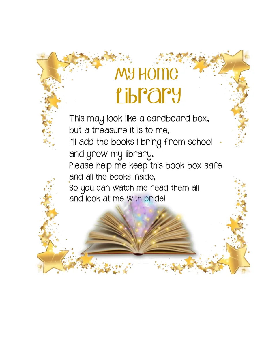My Home Library poem asking families to help keep the book box and the school books inside safe, with an open book
