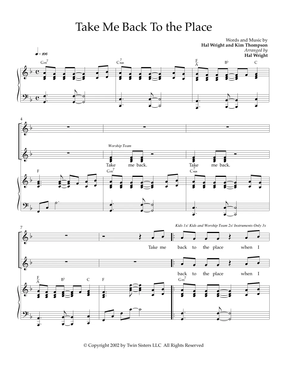 Take Me Back To the Place score, bars 1-9: piano intro in F with chord symbols, then Worship Team and Kids vocals enter