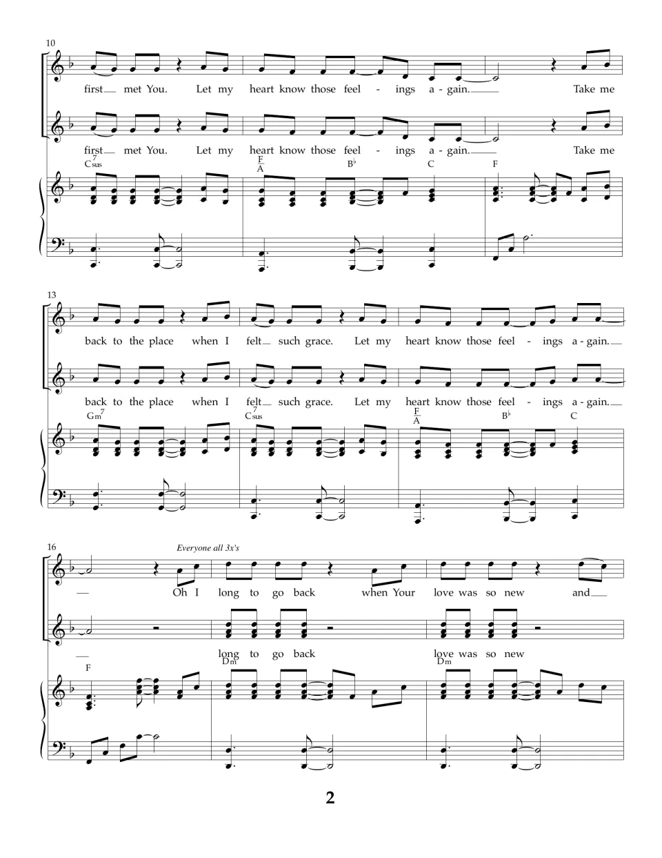 Song bars 10-18: voices sing 'Let my heart know those feelings again,' then everyone joins on 'Oh I long to go back'