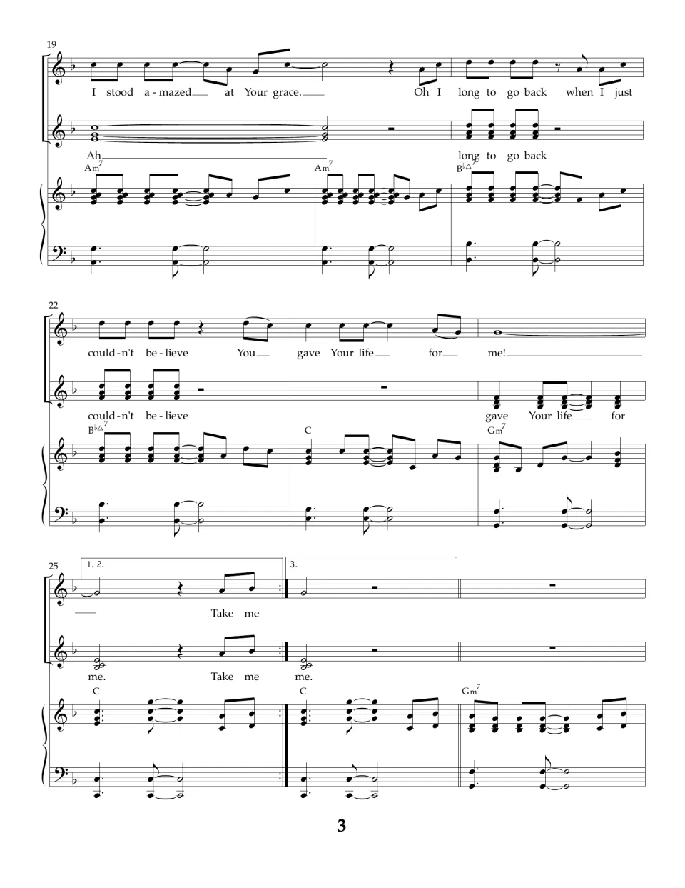 Song bars 19-27: 'Ah' harmony under 'I stood amazed at Your grace' and 'gave Your life for me,' then 1-2 and 3 endings