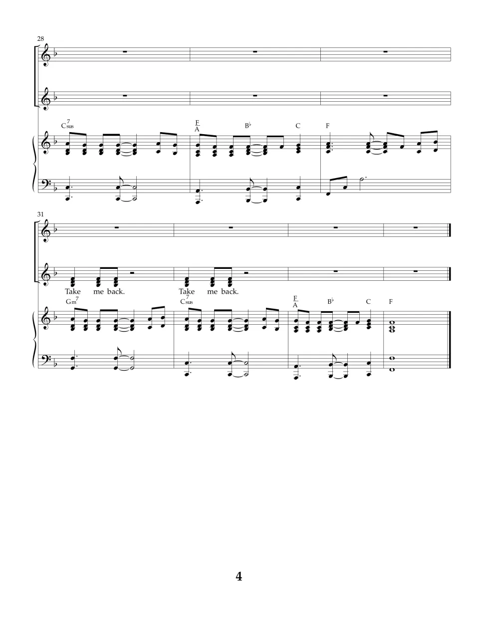 Song ending, bars 28-34: piano outro on Gm7, Csus7 and F/A chords as the Worship Team echoes 'Take me back' to a final F