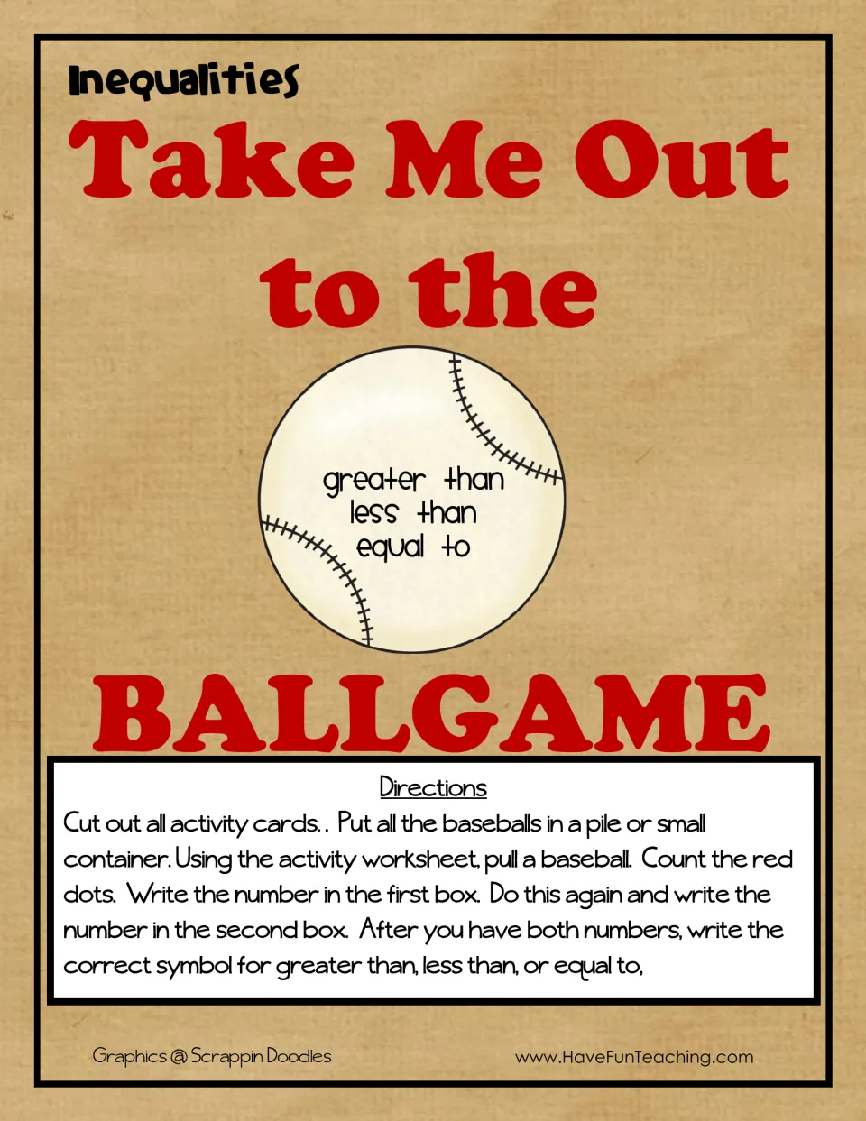 Inequalities baseball cover with directions: pull two baseball cards, count red dots, then write >, < or = between them