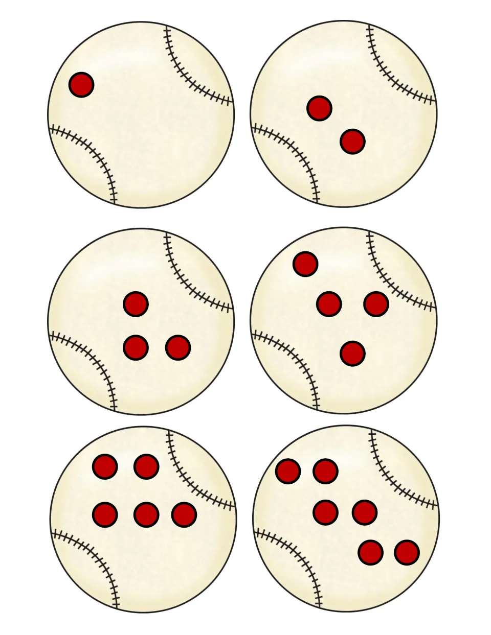 Baseball counting cards: six cut-out baseballs showing 1 to 6 red dots for students to count and compare