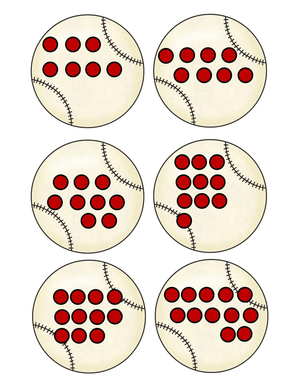 Baseball counting cards: six more cut-out baseballs showing 7 to 12 red dots for counting larger quantities