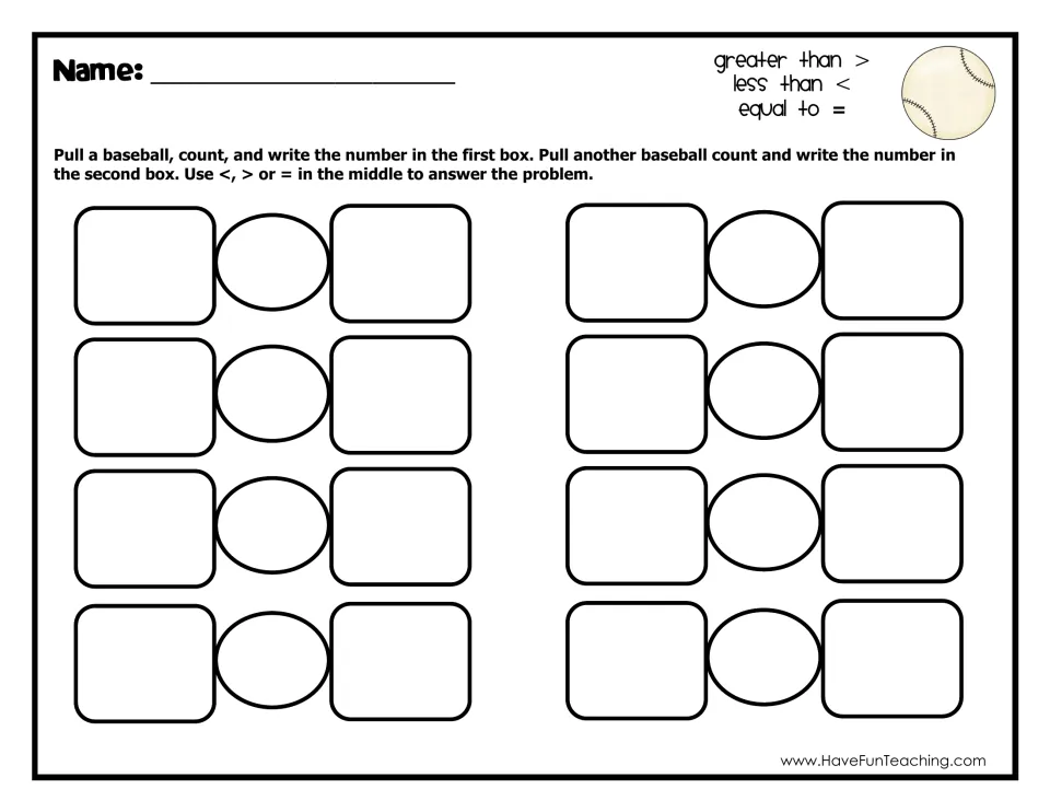Comparing numbers recording sheet: students write two drawn dot counts in 8 problems and add >, < or = in the middle