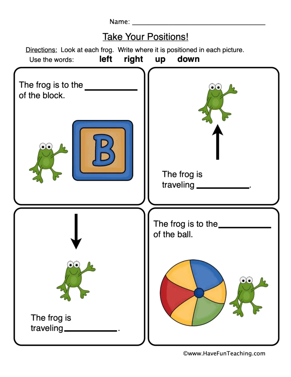 Positional words: students write left, right, up or down to tell where a frog is by a block, a ball and arrows