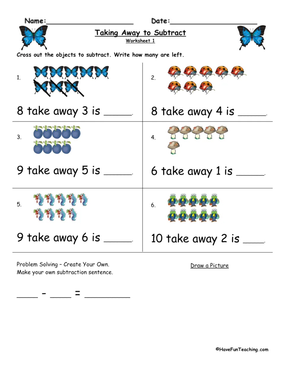 Subtraction within 10, worksheet 1: students cross out butterflies, ladybugs and plums, then write how many are left