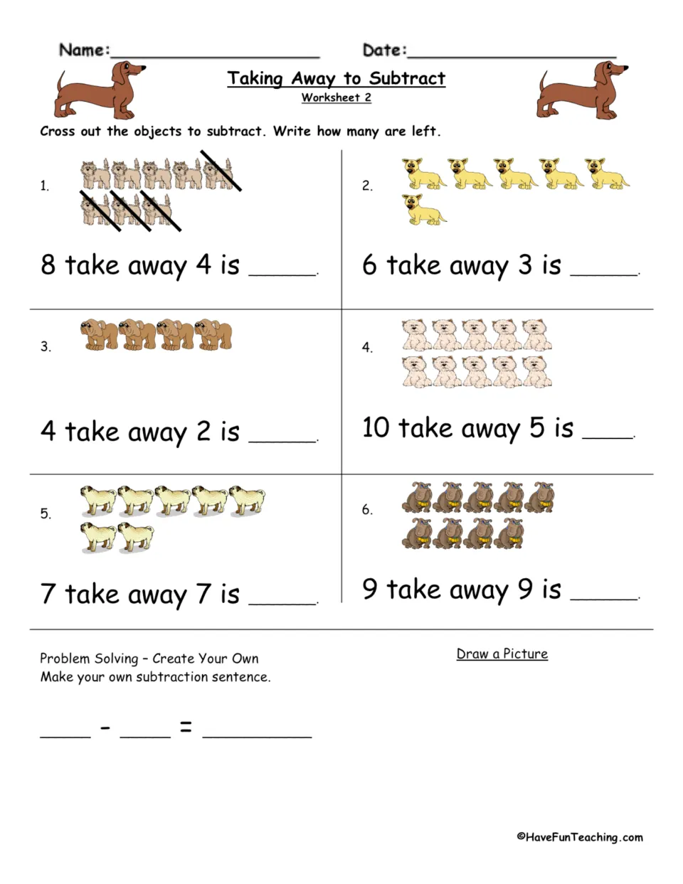 Subtraction with dogs, worksheet 2: students cross out pictures in 6 problems, like 7 take away 7, and write what is left