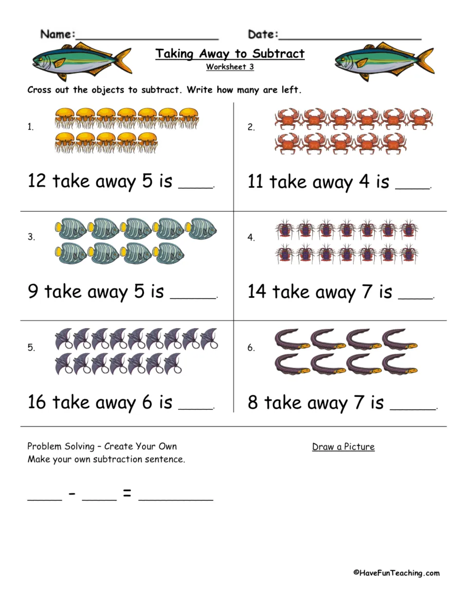 Subtraction with sea animals, worksheet 3: students cross out jellyfish, crabs and eels in problems like 16 take away 6