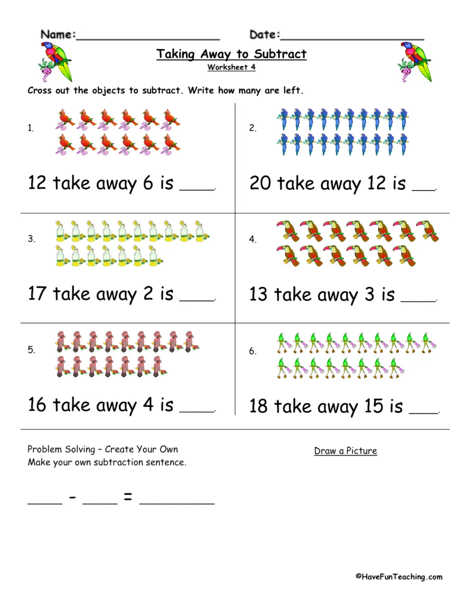 Subtraction within 20 with birds, worksheet 4: students cross out cardinals, parrots and toucans, as in 18 take away 15