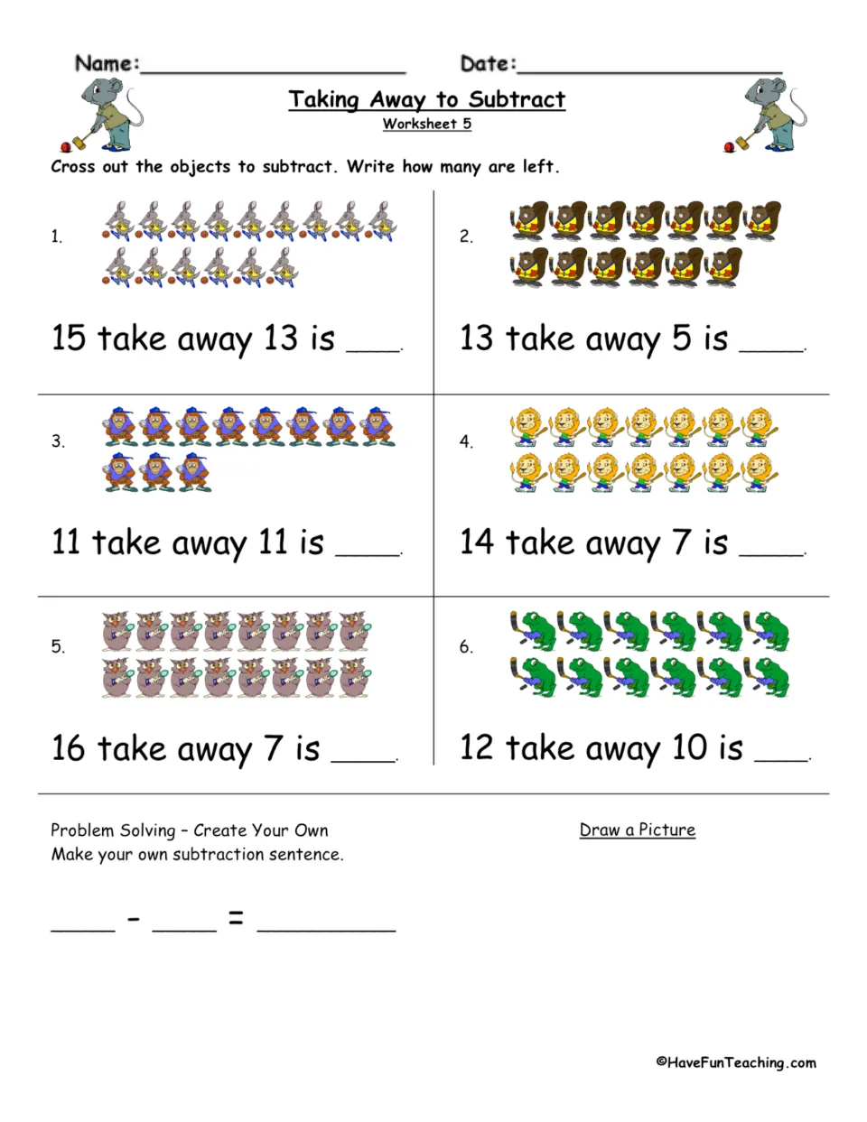 Subtraction with sporty animals, worksheet 5: students cross out pictures for 15 take away 13 and more, then make their own