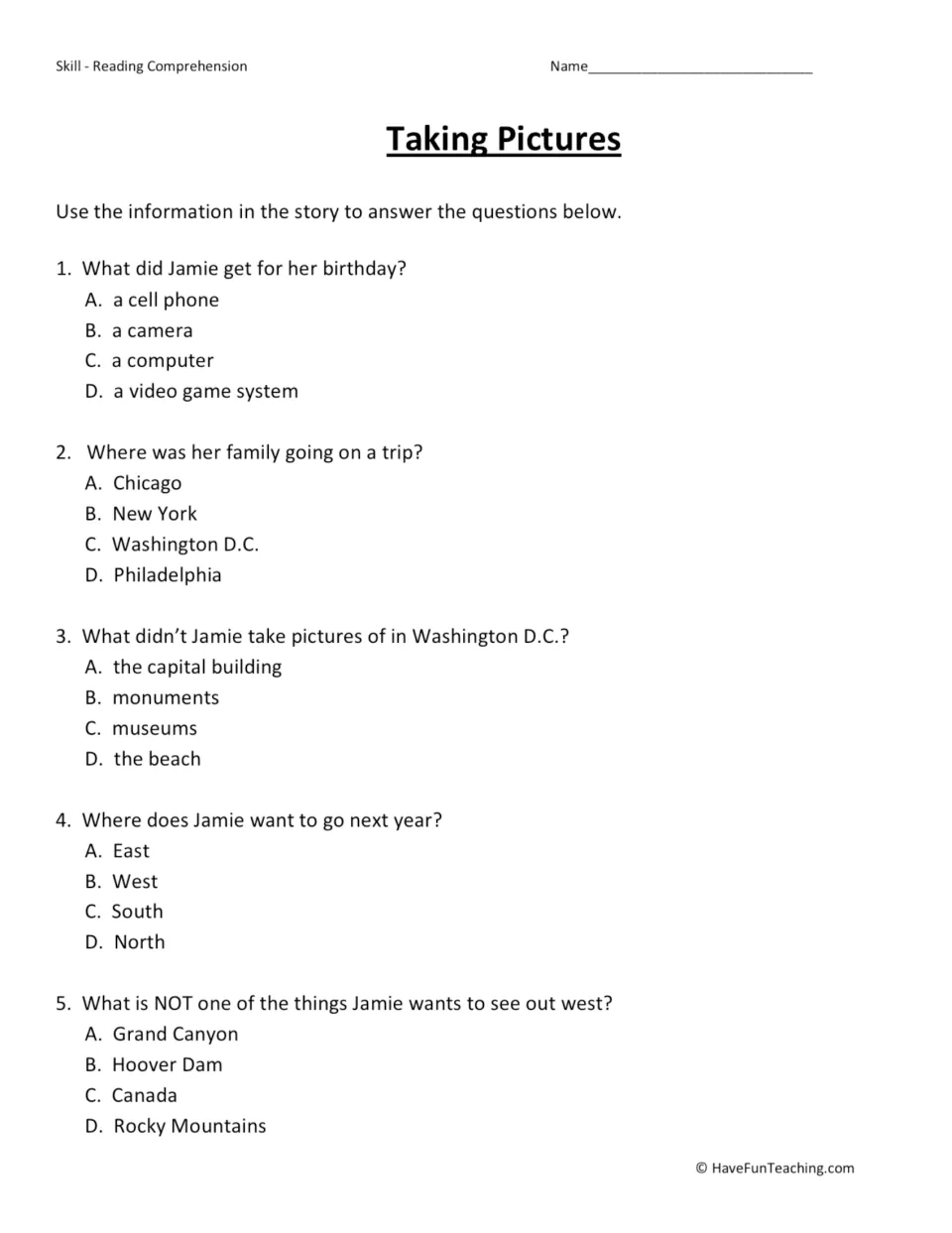 Comprehension questions: five multiple-choice items on Jamie's gift, trip destination, photos and plans to travel west