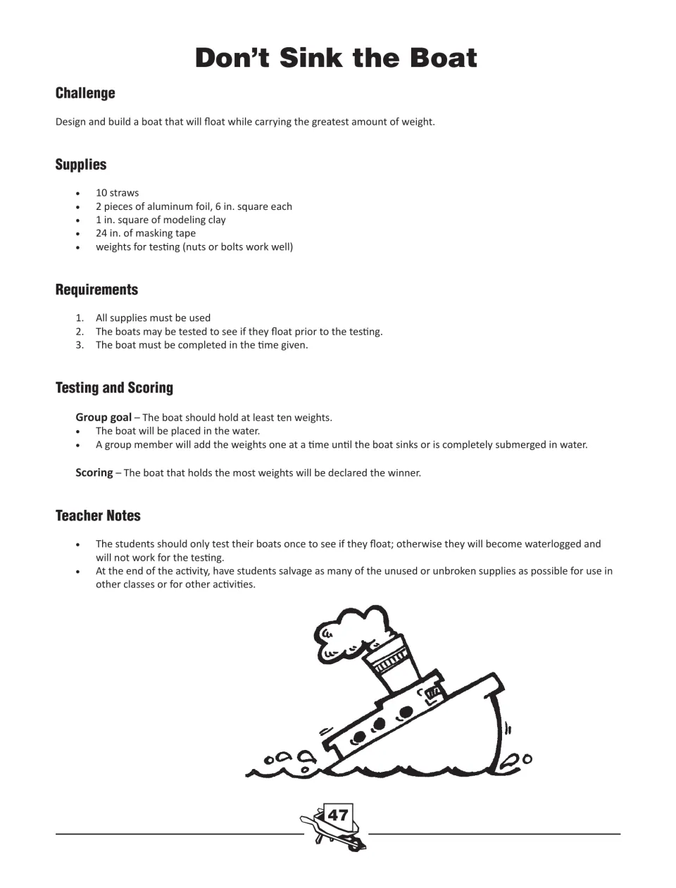 Don’t Sink the Boat challenge: a straw, foil and clay boat that floats while holding the most nut or bolt weights