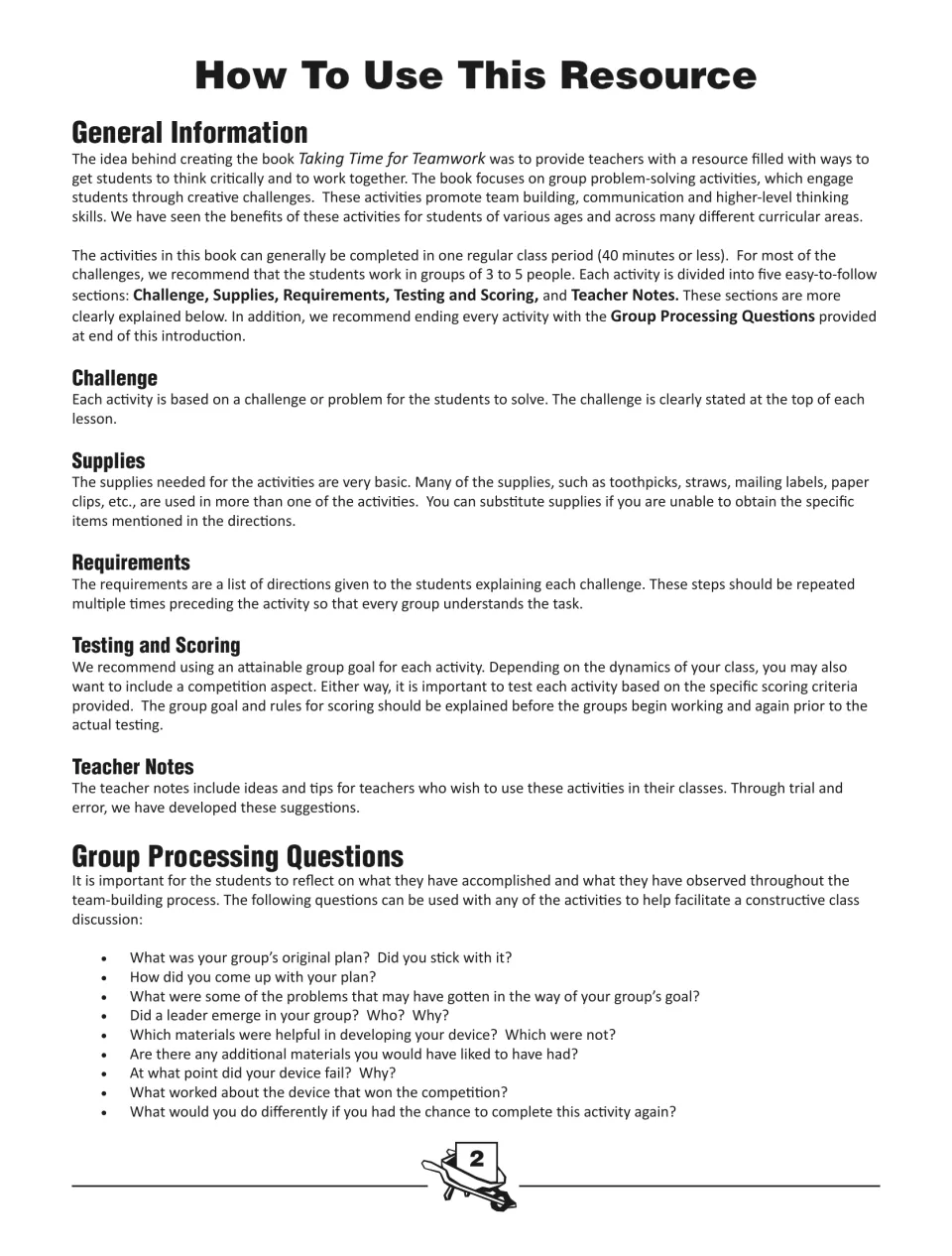 How To Use This Resource: groups of 3 to 5, the five sections of each activity, and nine Group Processing Questions