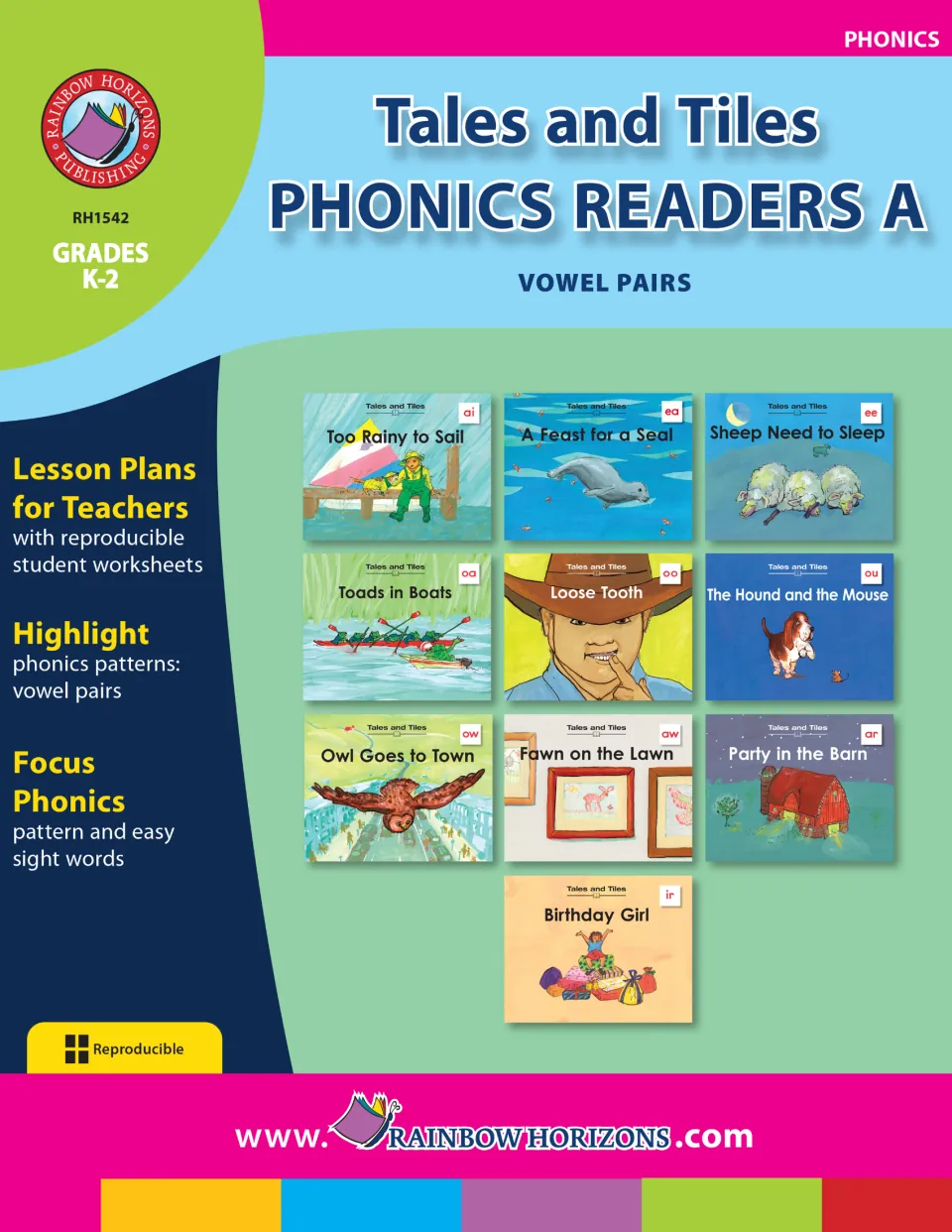 Tales and Tiles Phonics Readers A - Vowel Pairs cover identifies grades K–2 and shows the 10 reader titles.