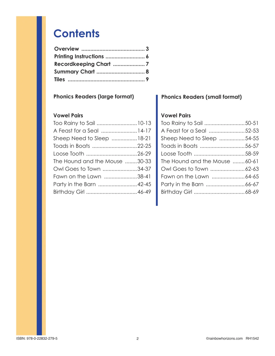 Contents lists teacher guidance, charts, tiles, and all 10 phonics readers in large and small formats.