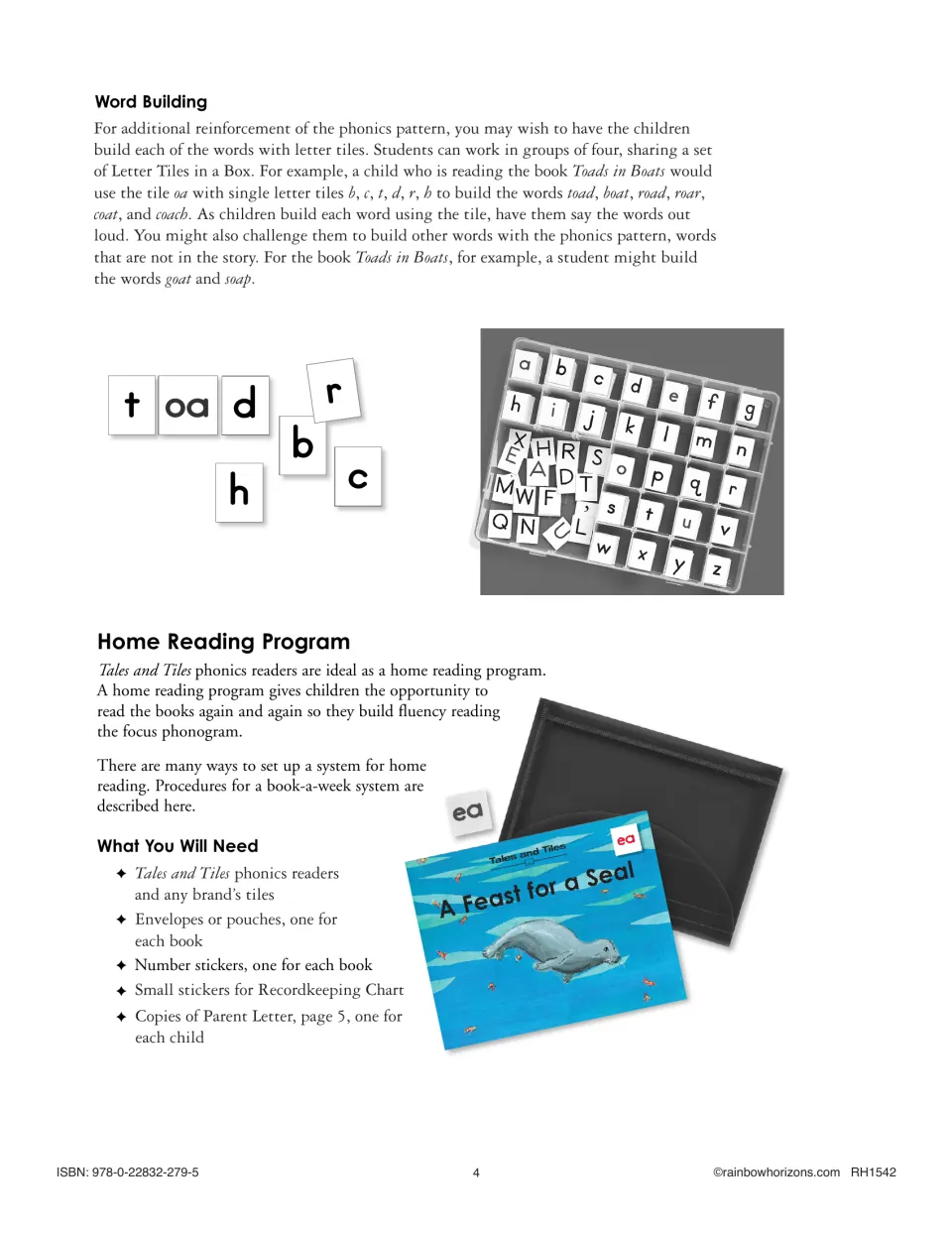 Teacher guide explains building oa words with letter tiles and lists supplies for a home reading program.