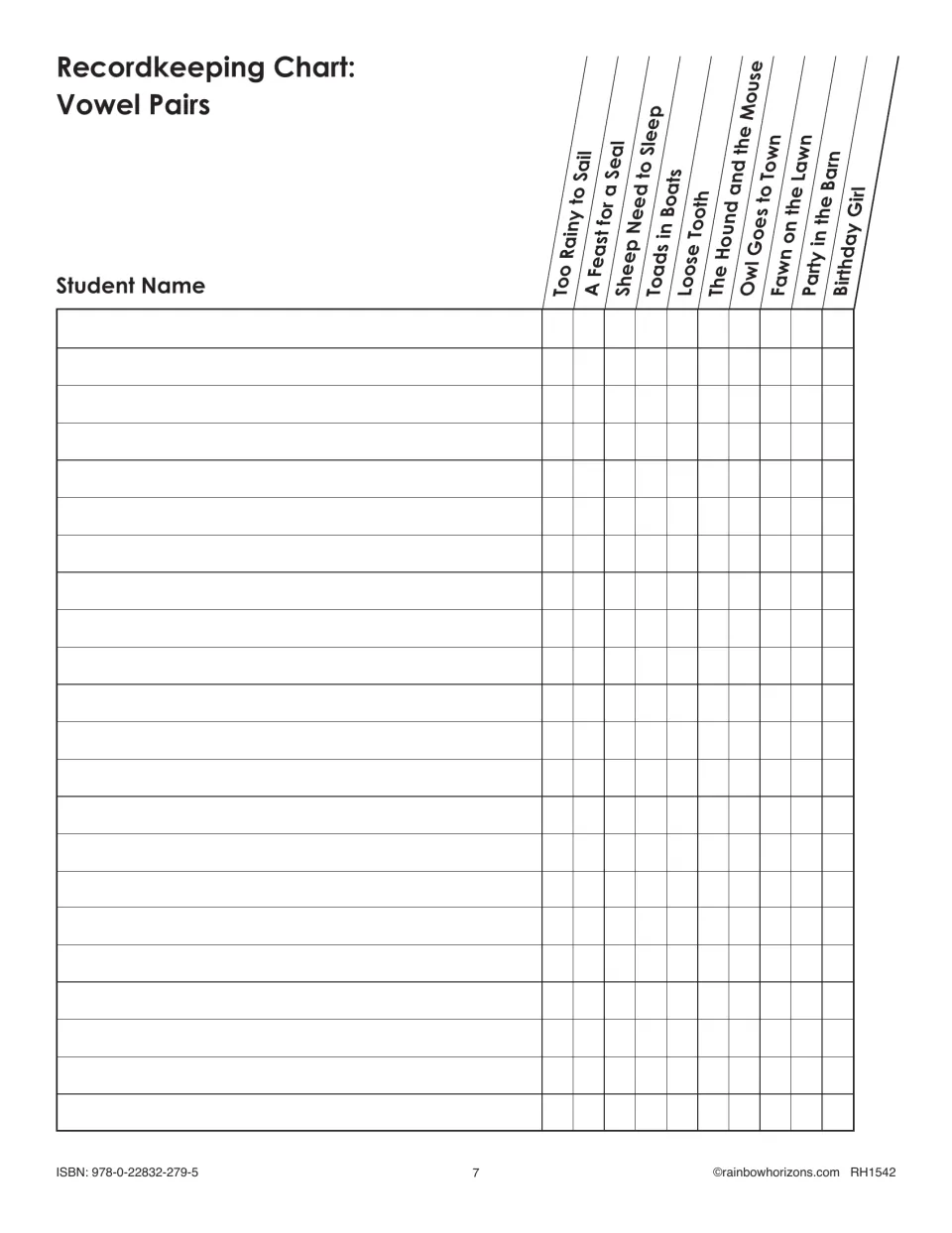 Vowel Pairs recordkeeping chart provides spaces for student names and tracks reading across all 10 books.
