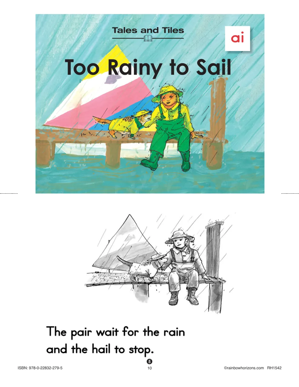 Too Rainy to Sail sheet pairs the cover with book page 5: 'The pair wait for the rain and the hail to stop.'