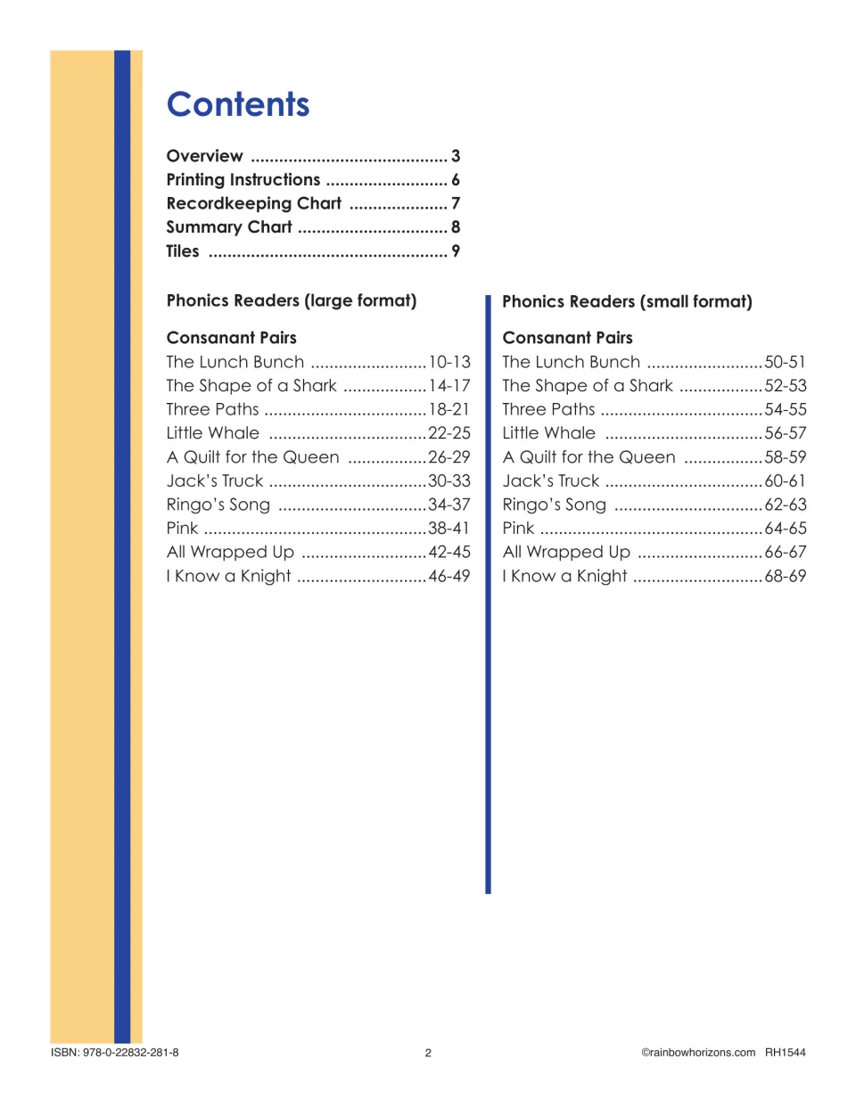 Contents for the phonics collection list teacher guides, tiles, and all 10 readers in large and small formats