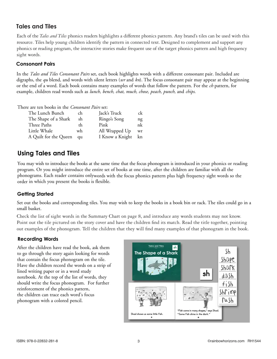 Teacher overview matches 10 stories to consonant pairs and explains introducing readers and recording words