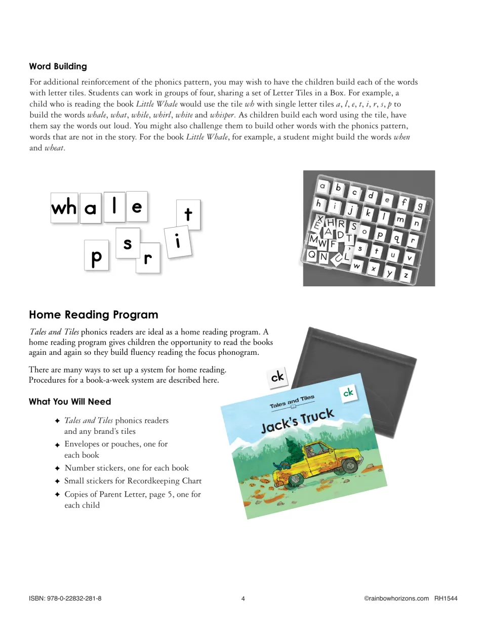 Teacher guidance explains building Little Whale words with letter tiles and supplies for a home reading program