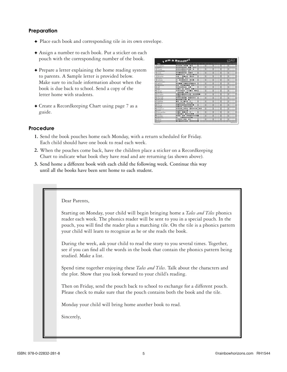 Home reading instructions explain weekly book exchanges, reading records, and a sample letter to parents