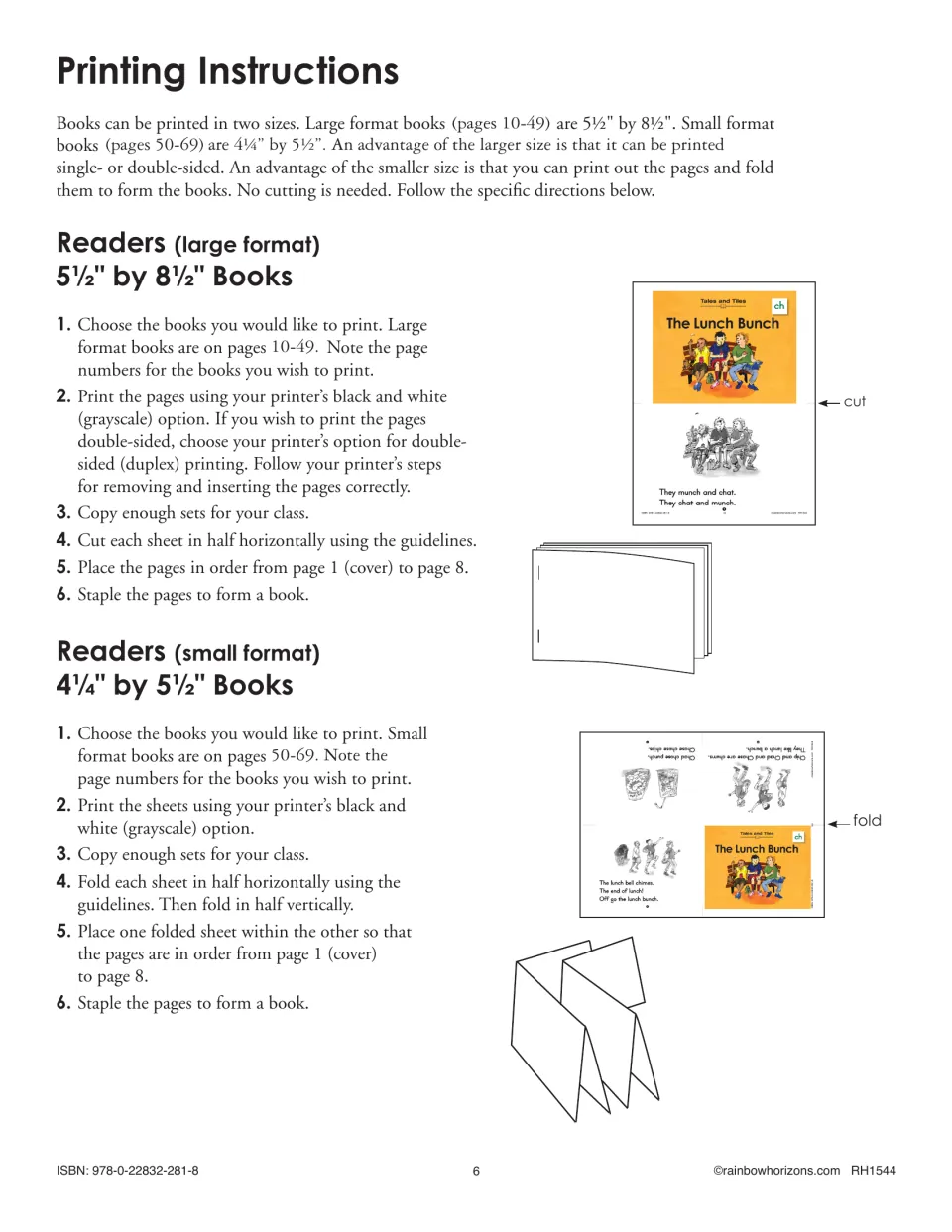 Printing instructions explain cutting large-format reader sheets and folding small-format sheets into books