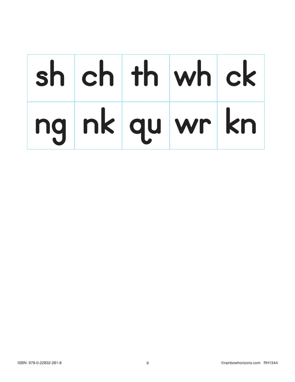 Printable consonant-pair tiles for matching to the 10 readers: sh, ch, th, wh, ck, ng, nk, qu, wr, and kn