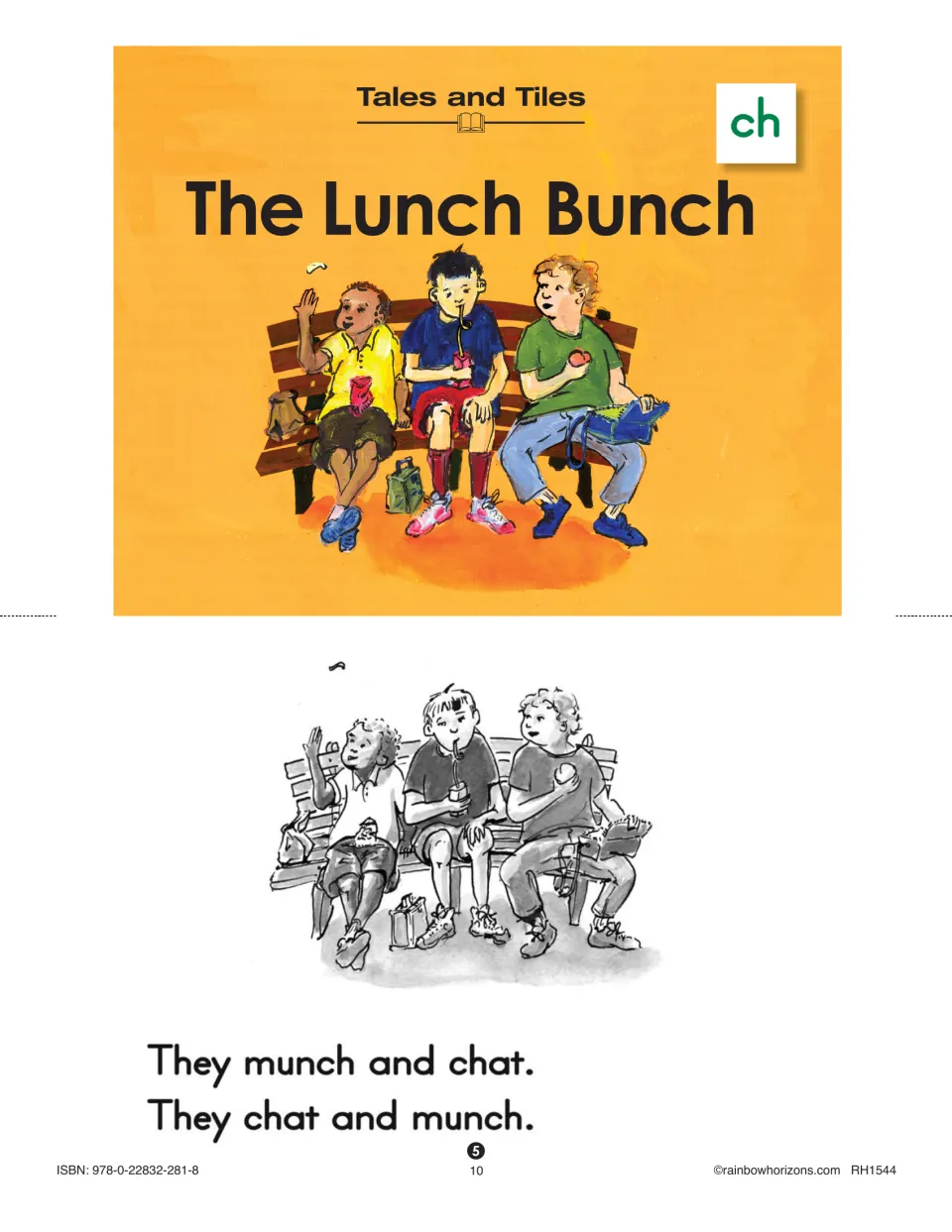 The Lunch Bunch reader cover and page 5 show children eating: 'They munch and chat. They chat and munch.'